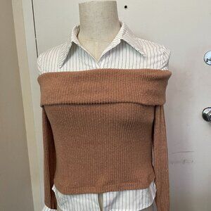 Fashion Women’s 2-in-1 Patchwork Striped Brown Blouse L – Fall/Winter Chic